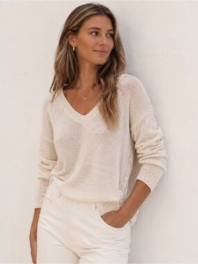 J.Crew Linen Blend Semi Sheer V Neck Sweater Ivory S Coastal Resort Knit